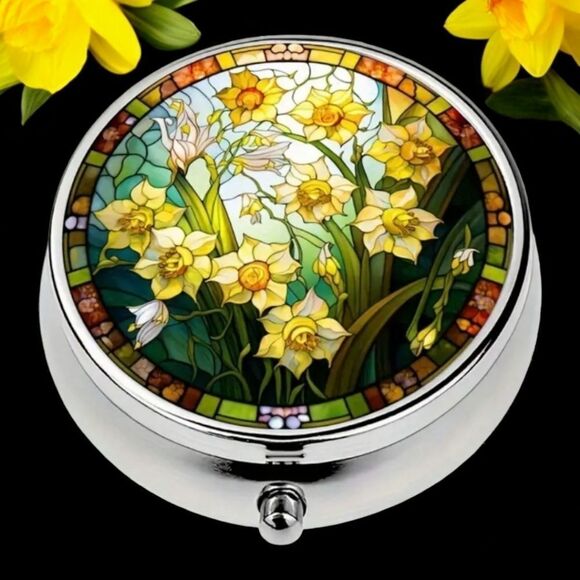 Daffodil Mosaic Pill Box Medicine Mini Steel Case Mirrored Travel Purse Size NWT - Picture 1 of 5